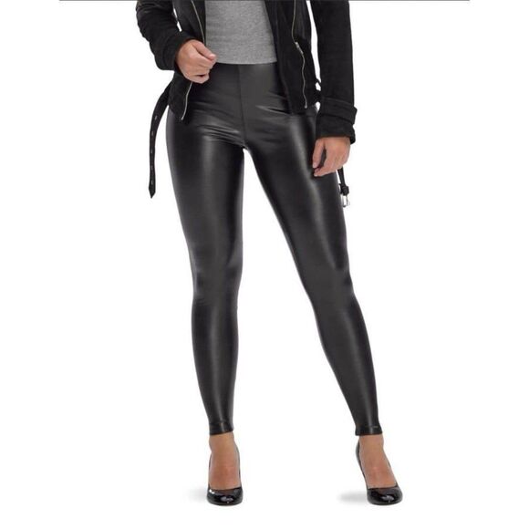 HUE Plus Size 2X Black Super Sleek Effect Leatherette Leather High Rise Leggings - Picture 1 of 10